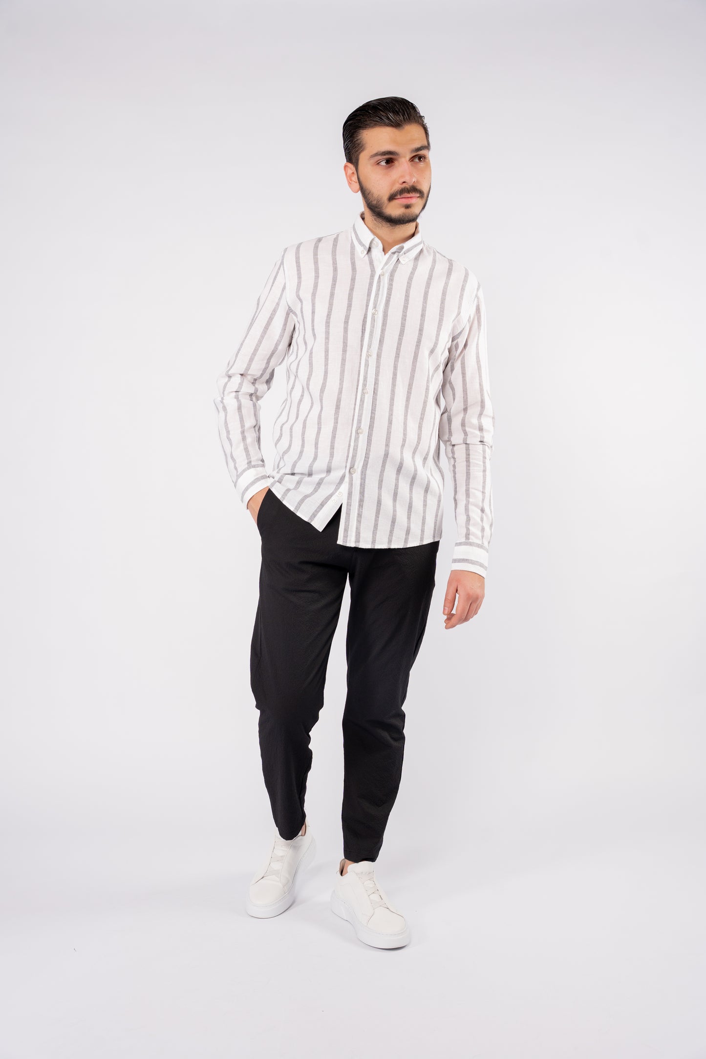 BLUE GREY LINED LINEN SHIRT
