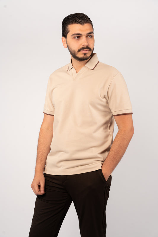 BEIGE BROWN LINE VNECK POLO