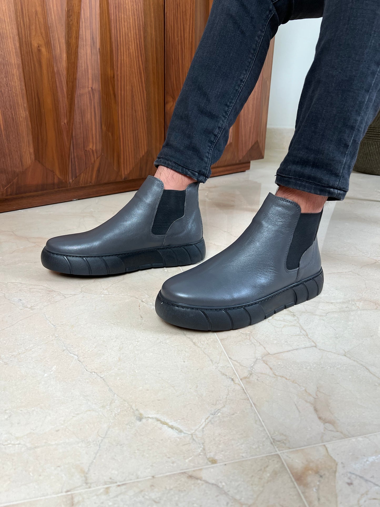 Grey Chelsea Leather Boots