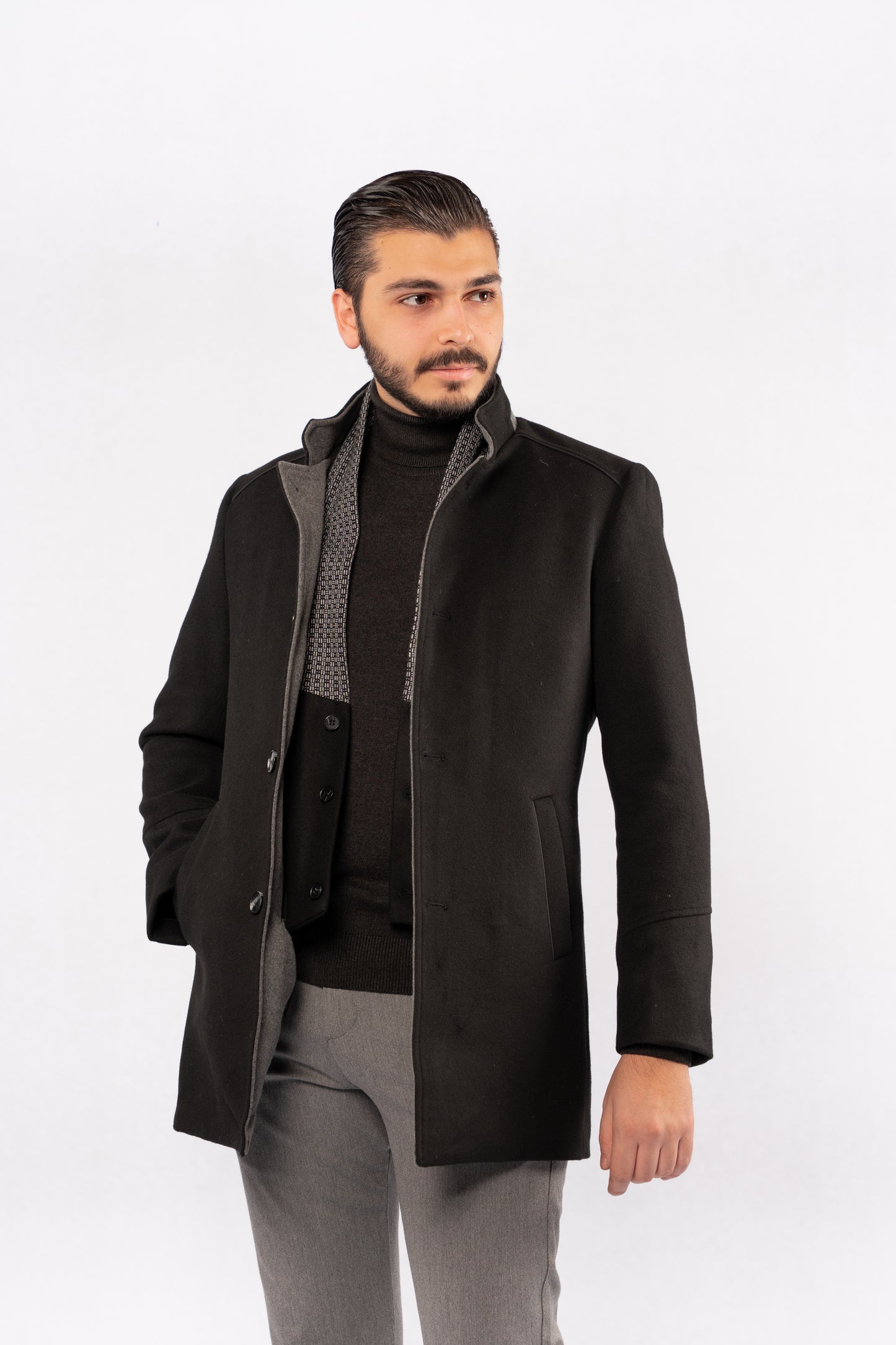 BLACK SEMI CASUAL WOOL COAT