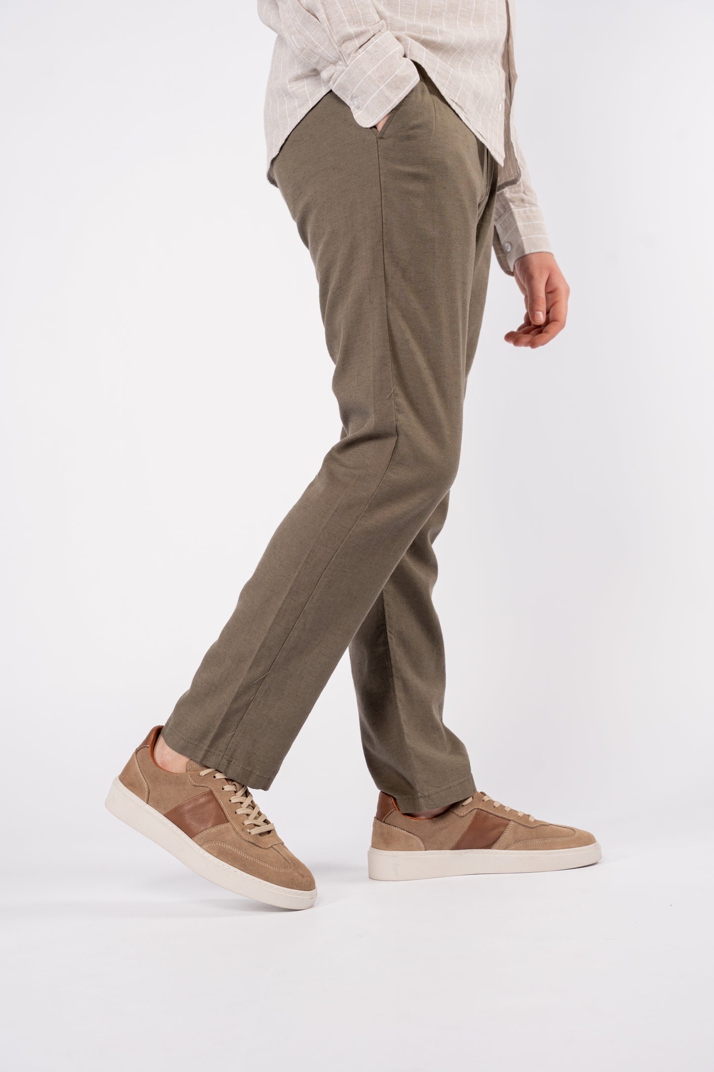 BEIGE WHITE LINED LINEN SHIRT
