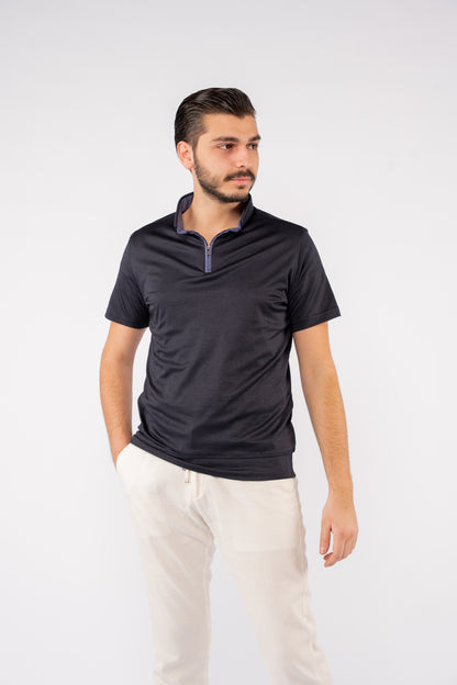 NAVY ZIPPER BUTTON COLLAR POLO