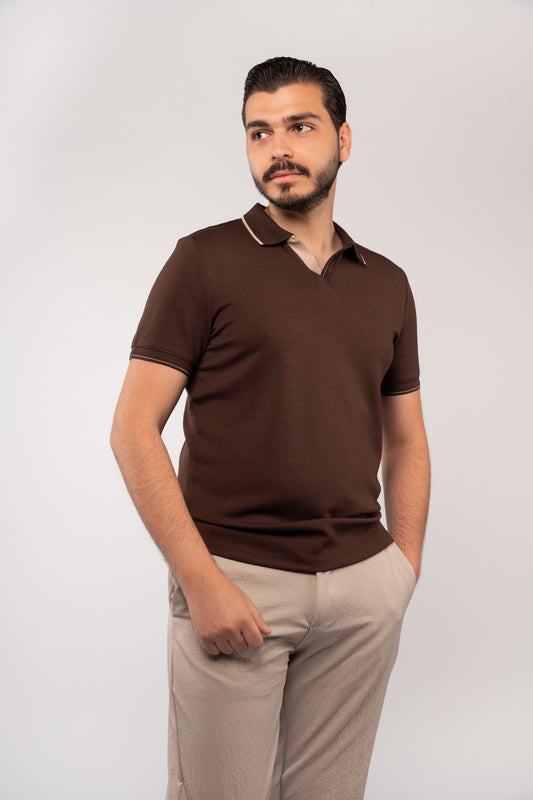 BROWN CASUAL VNECK POLO