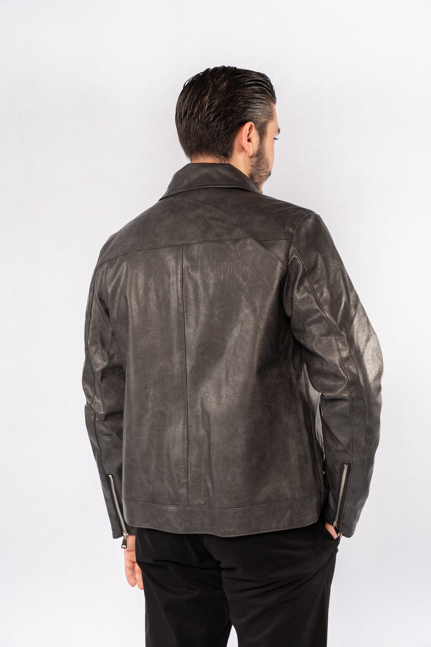 GREY TRUCKER LEATHER JACKET