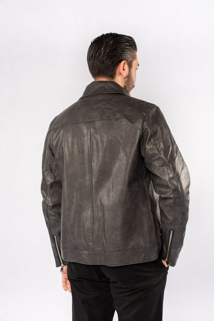 GREY TRUCKER LEATHER JACKET