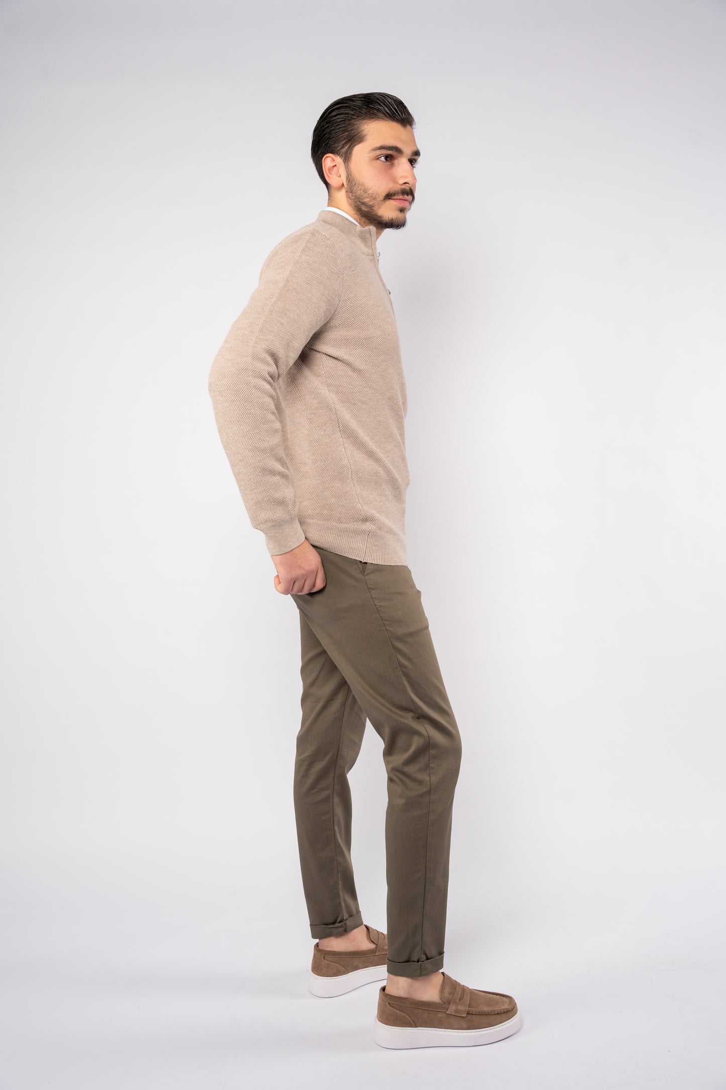 BEIGE PIQUET HIGH NECK ZIPPER