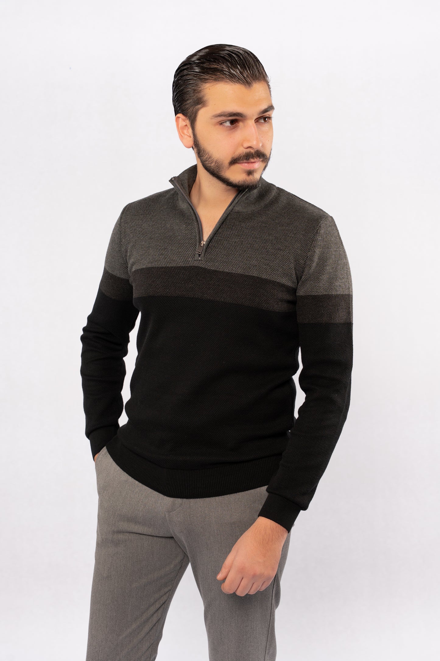 BLACK GREY CASUAL HIGHNECK ZIPPER