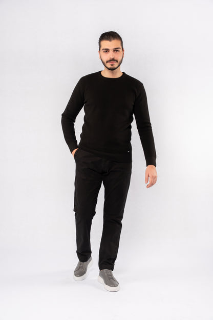 BLACK ROUND NECK PIQUET SWEATER