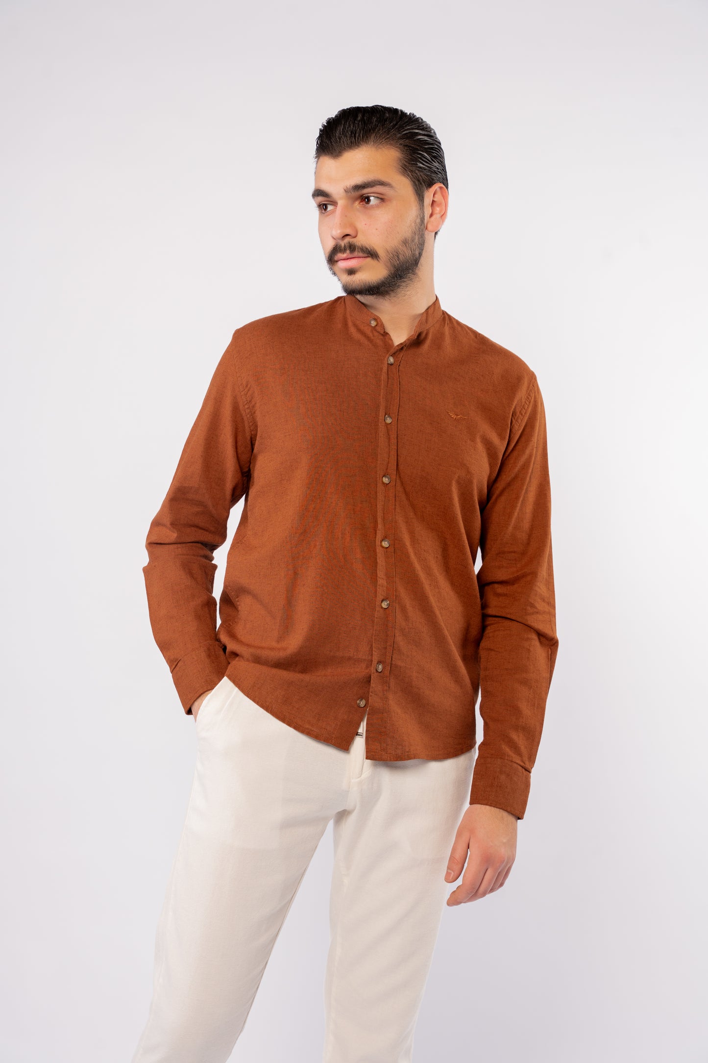 LIGHT BROWN CHINESE LINEN SHIRT