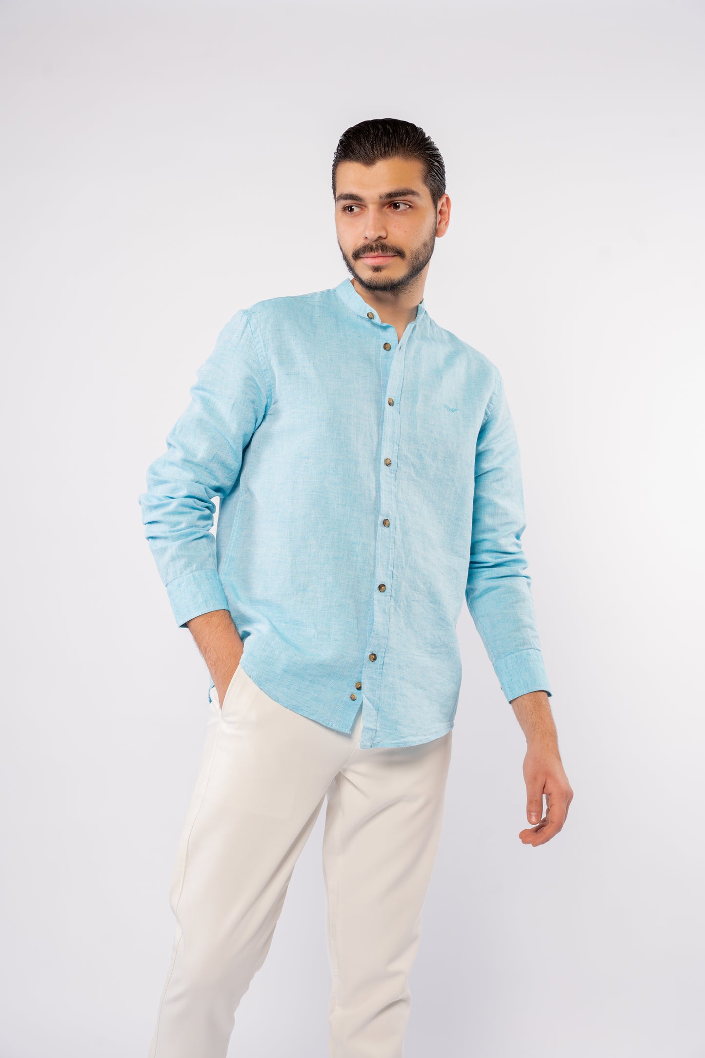 TURQUOISE CHINESE LINEN SHIRT