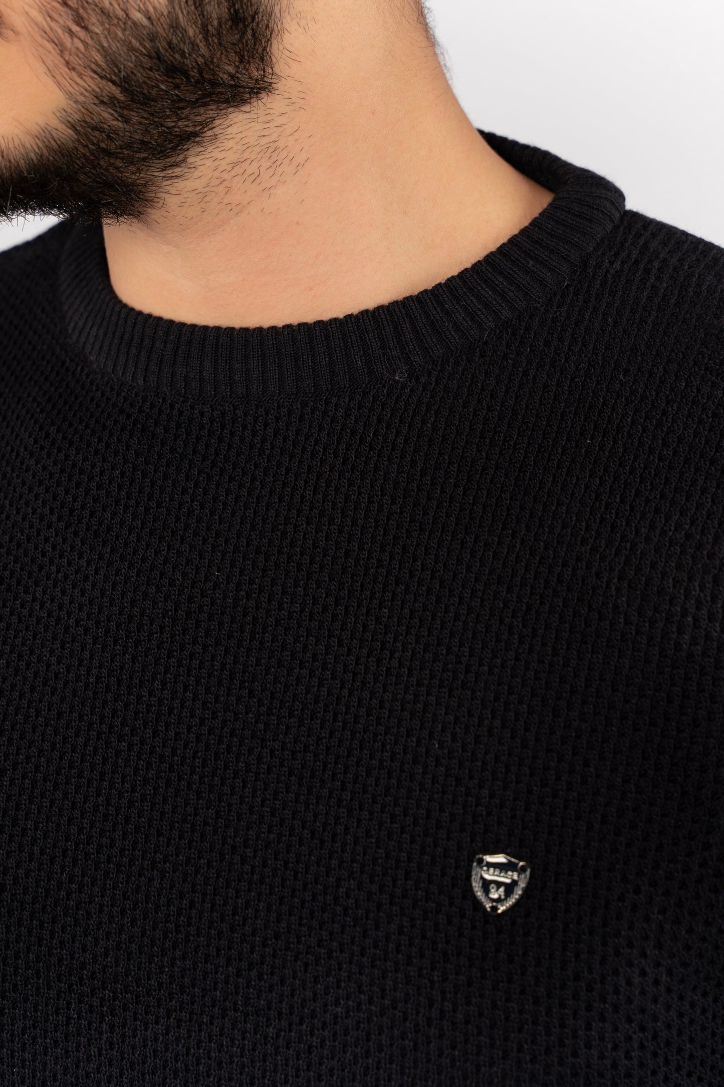 NAVY ROUND NECK PIQUET SWEATER