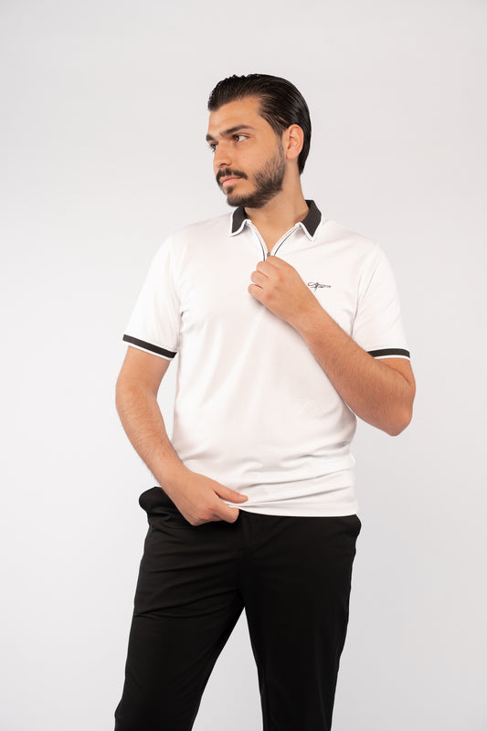 WHITE BLACK COLLAR ZIPPER POLO
