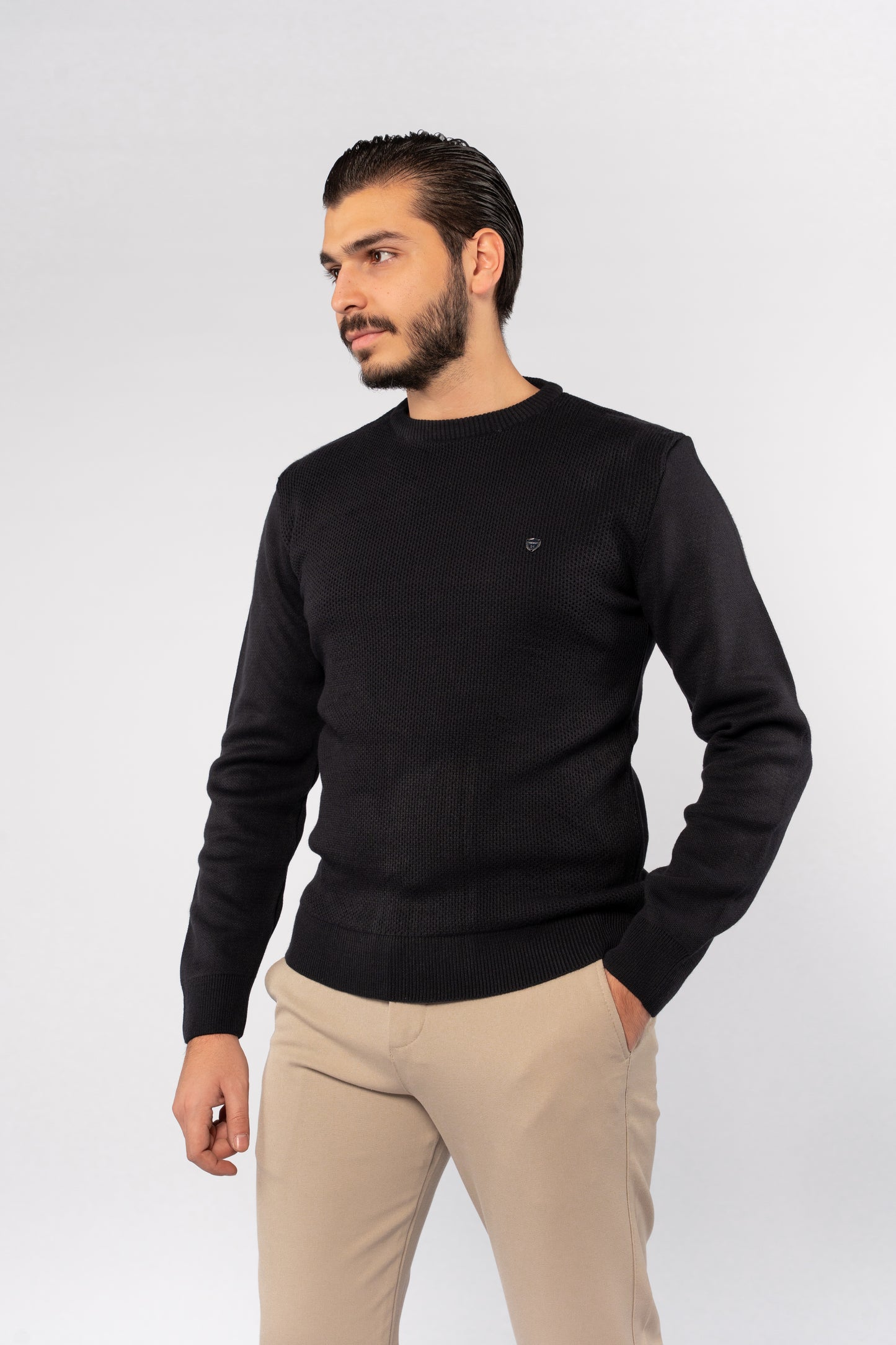 NAVY ROUND NECK PIQUET SWEATER