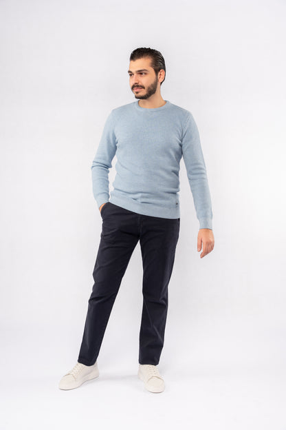 BLUE ROUND NECK PIQUET SWEATER