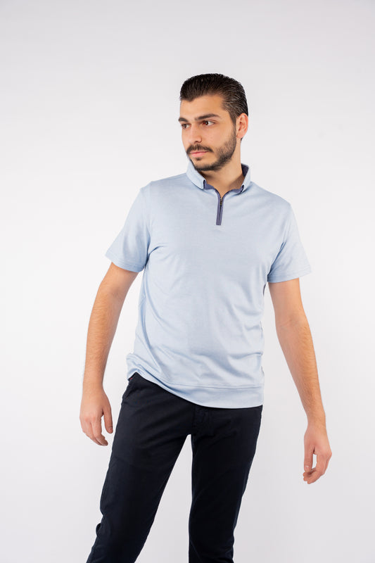 BLUE ZIPPER BUTTON COLLAR POLO