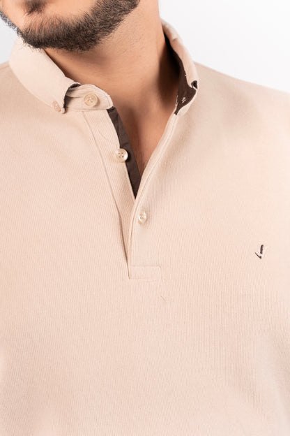 BEIGE BUTTON POLO SWEATER