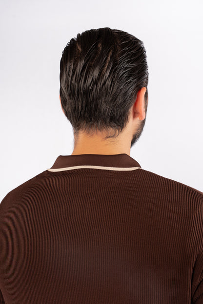 BROWN LINED POLO SWEATER