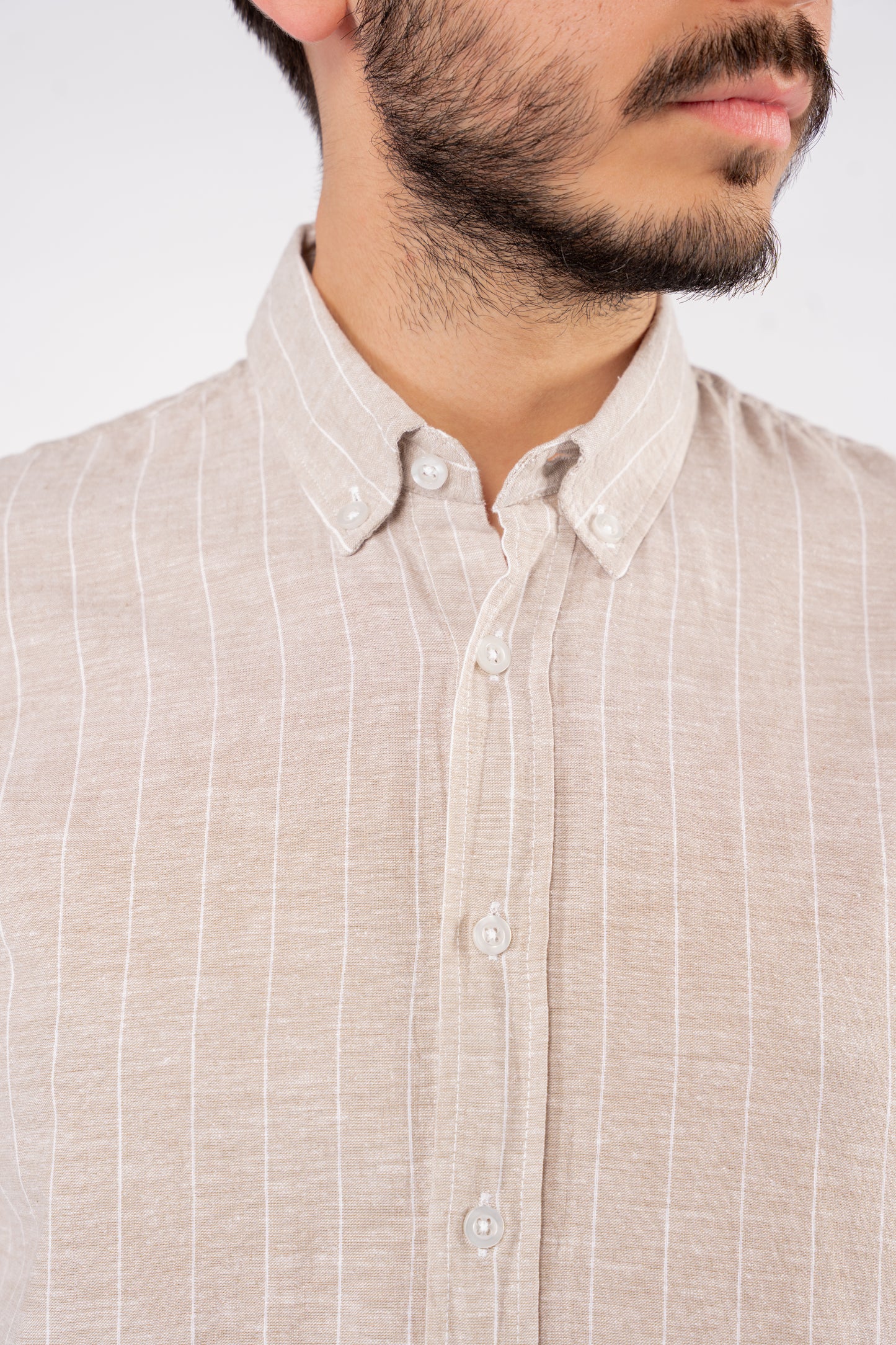 BEIGE WHITE LINED LINEN SHIRT