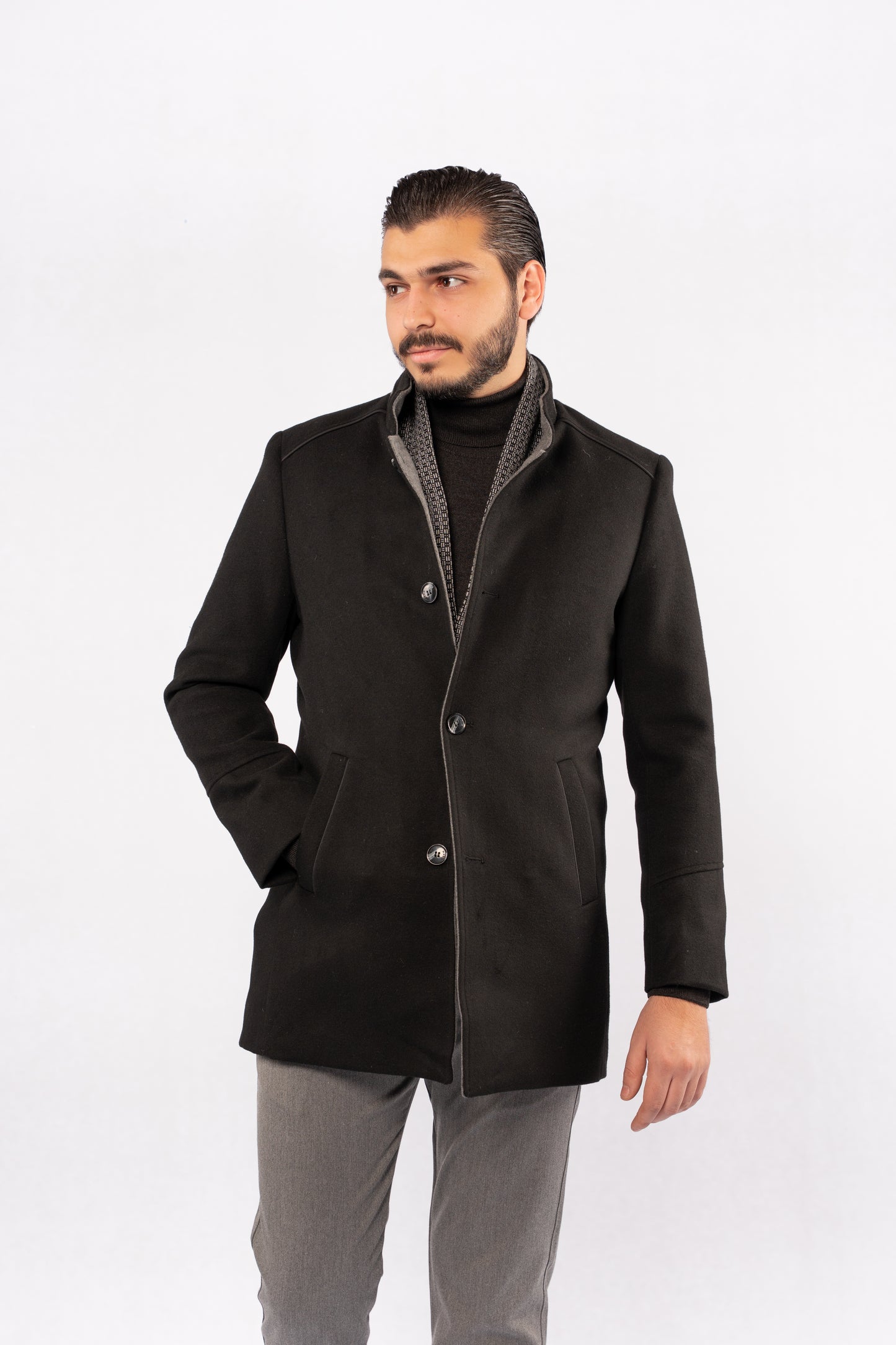 BLACK SEMI CASUAL WOOL COAT