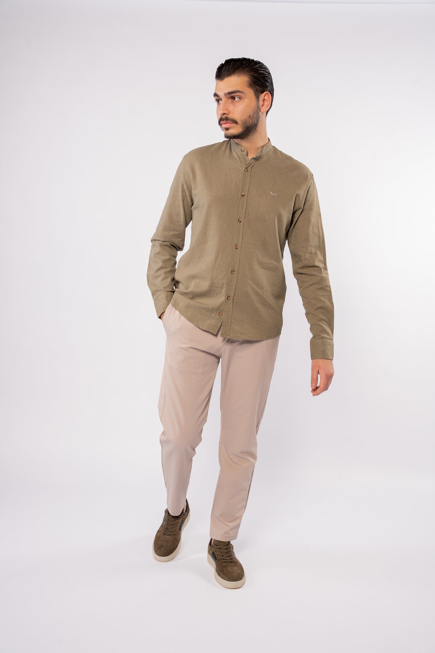 OLIVE CHINESE LINEN SHIRT