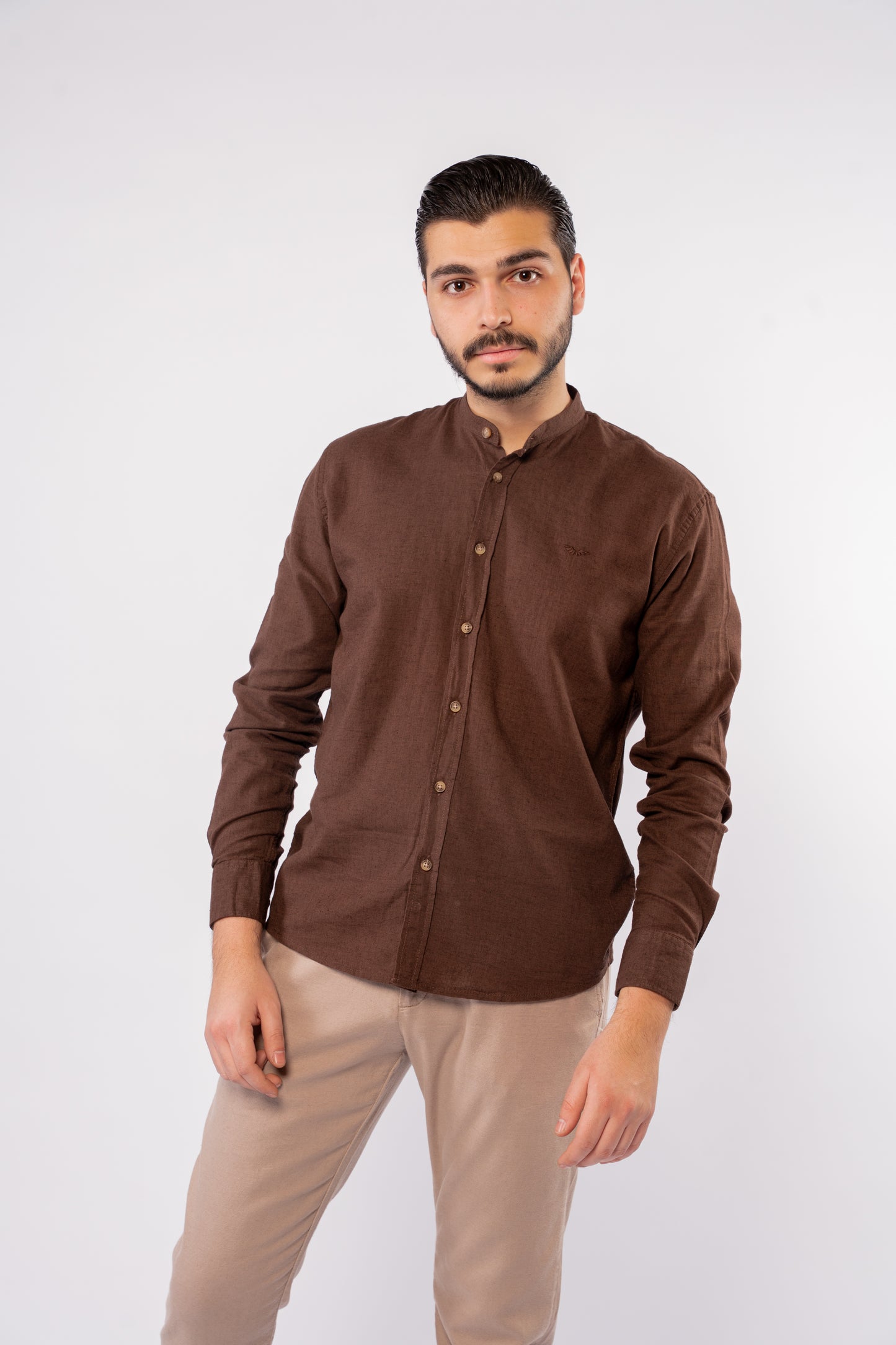 BROWN CHINESE LINEN SHIRT