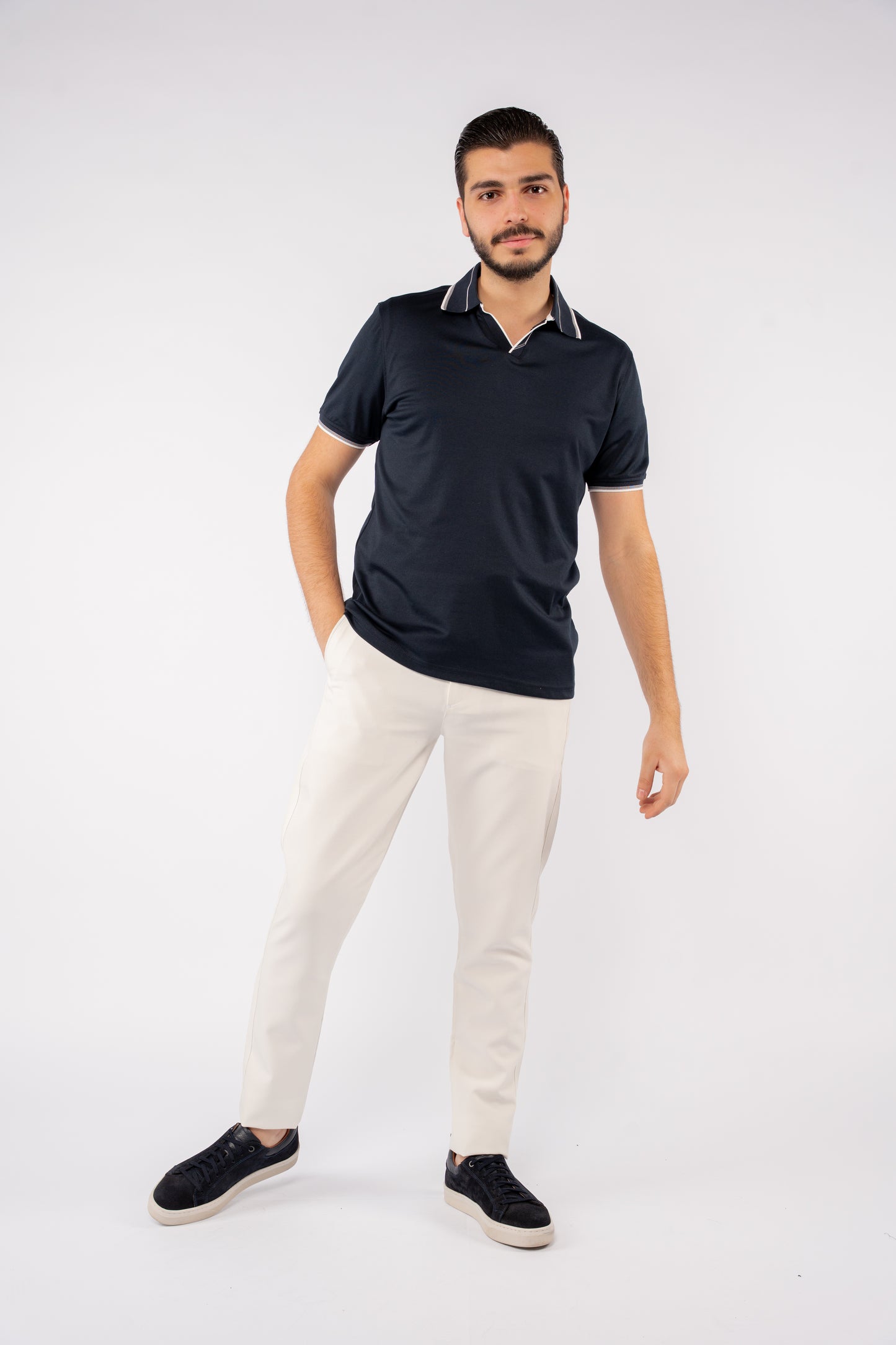 NAVY MIXED VNECK POLO