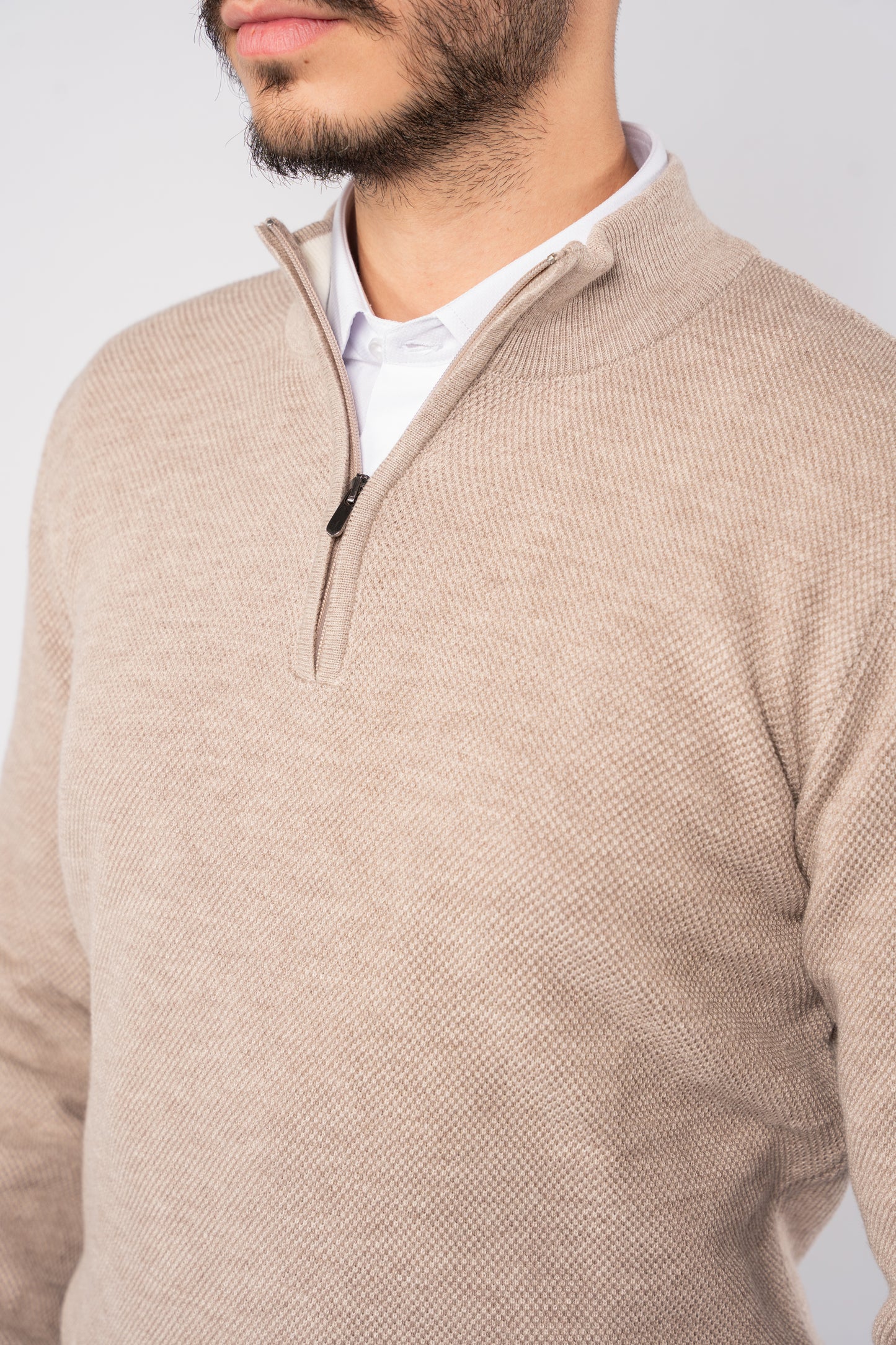 BEIGE PIQUET HIGH NECK ZIPPER