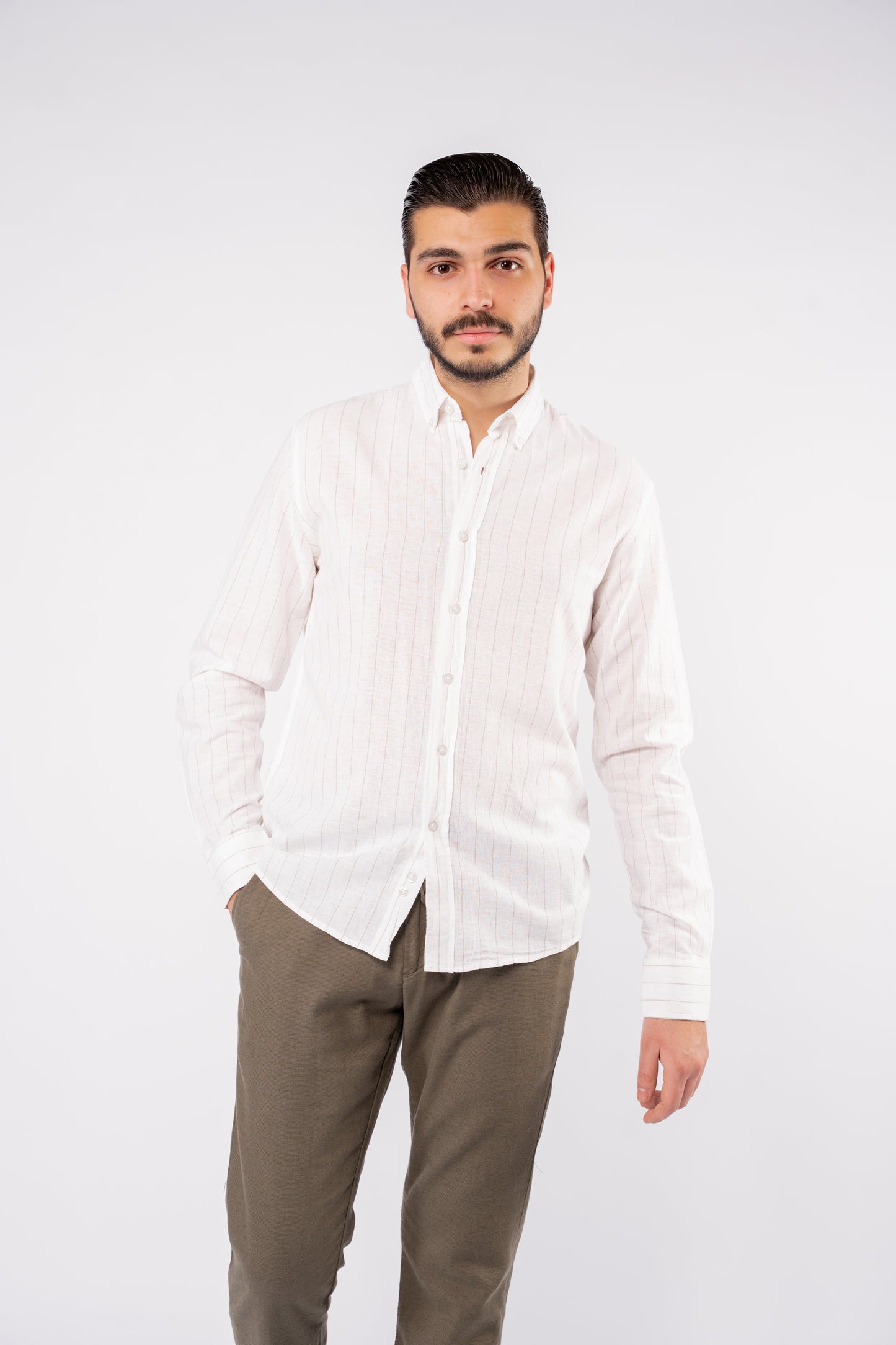 WHITE BEIGE LINED LINEN SHIRT