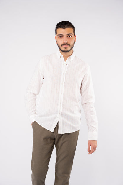 WHITE BEIGE LINED LINEN SHIRT