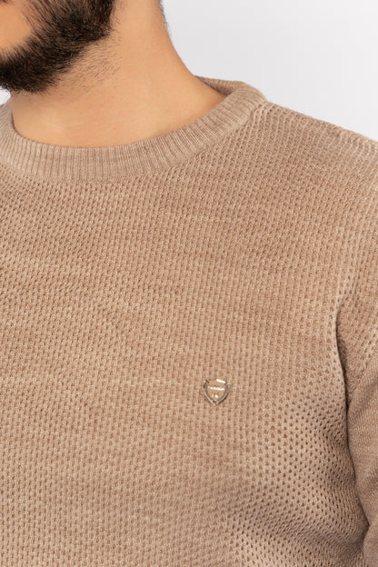 DARK BEIGE ROUND NECK PIQUET SWEATER