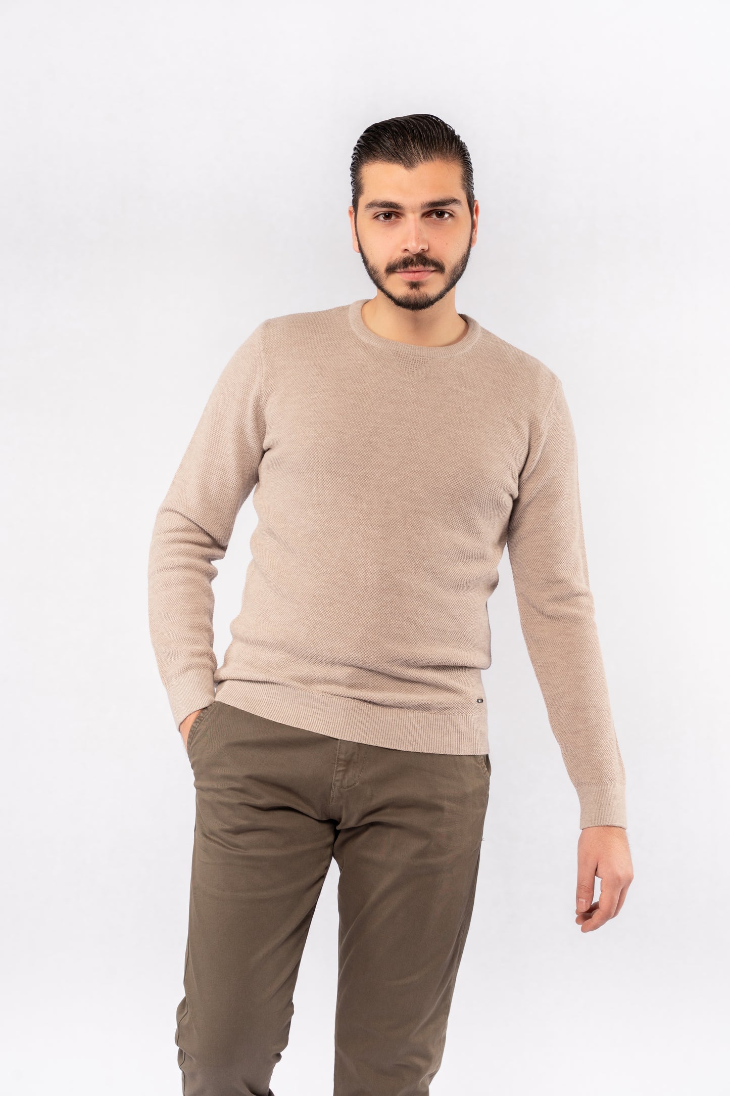 BEIGE ROUND NECK PIQUET SWEATER