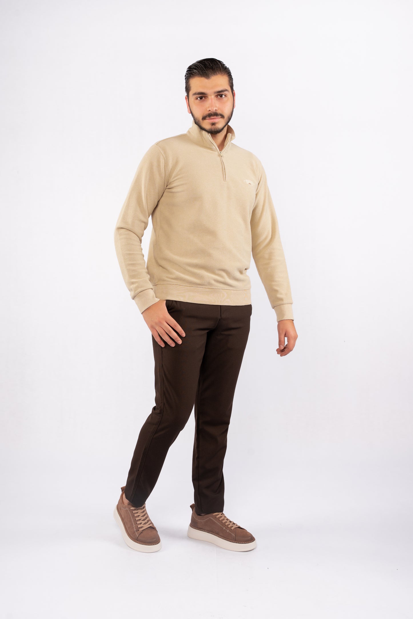 BEIGE HIGHNECK ZIPPER SWEATER