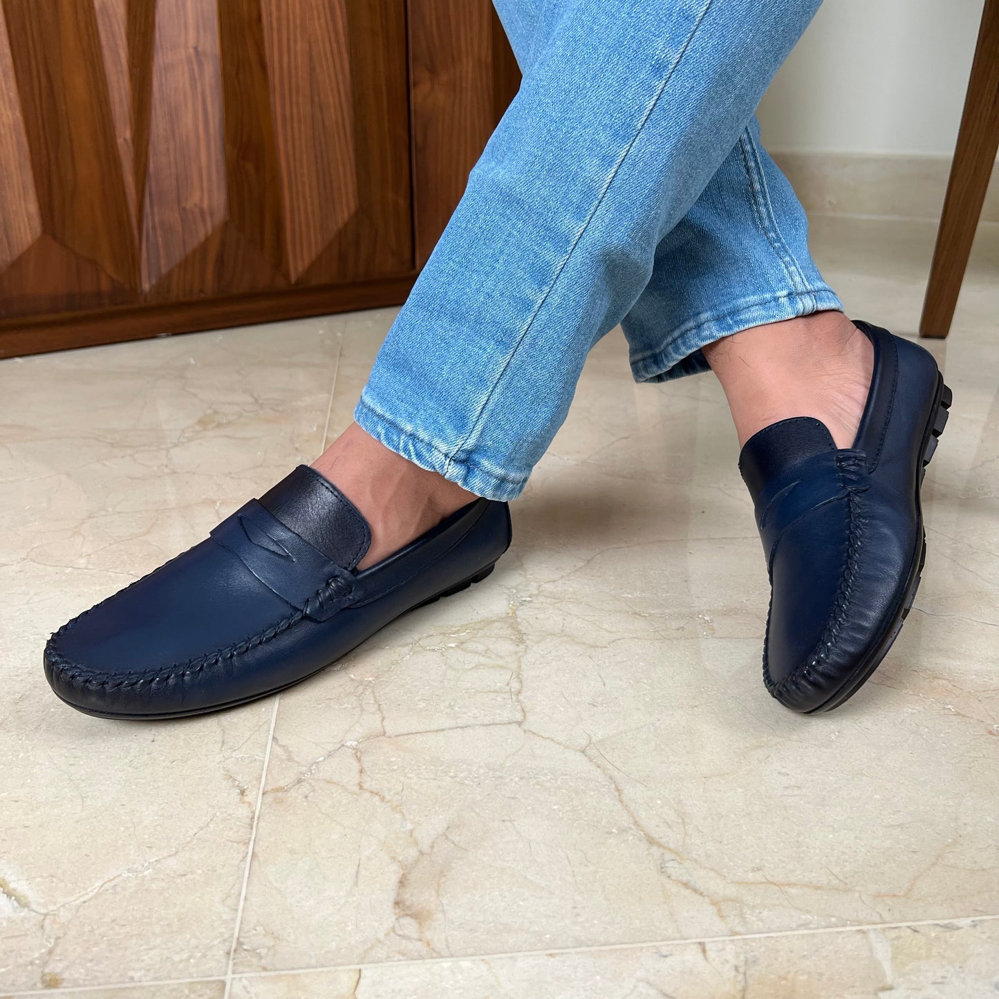 Navy Leather Penny Moccasin