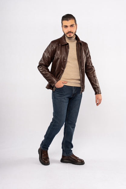 BROWN TRUCKER LEATHER JACKET