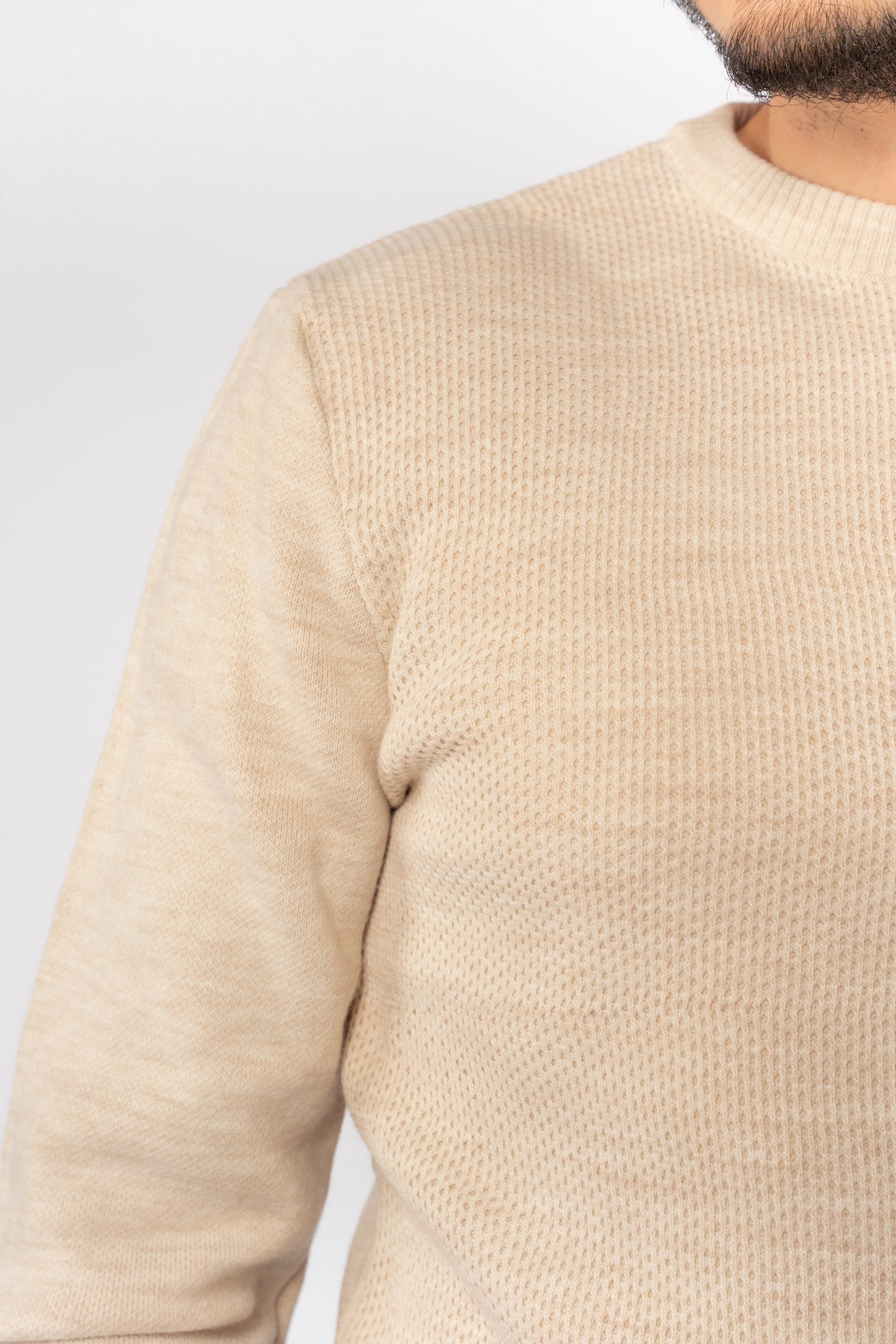 BEIGE ROUND NECK PIQUET SWEATER