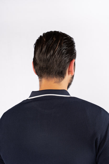 NAVY LINED POLO SWEATER