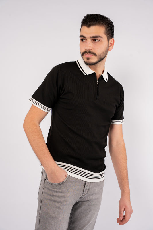 BLACK MIXED ZIPPER TRICOT POLO
