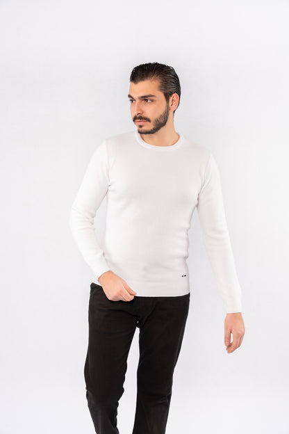WHITE ROUND NECK PIQUET SWEATER
