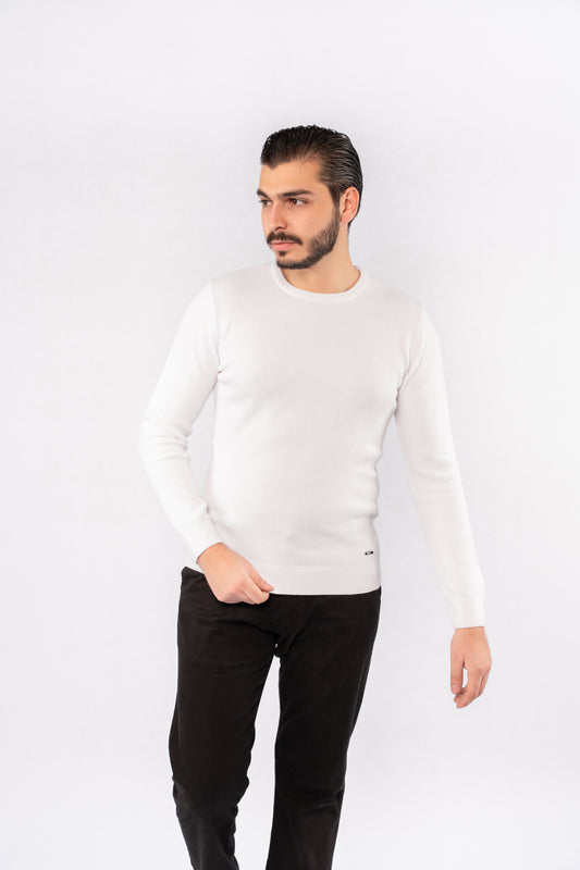 WHITE ROUND NECK PIQUET SWEATER