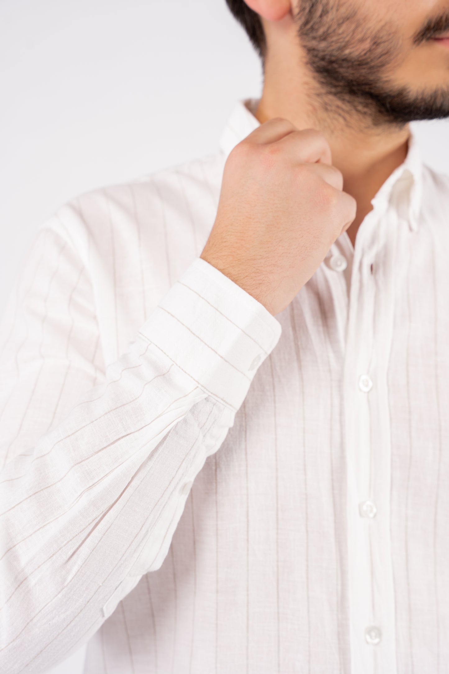 WHITE BEIGE LINED LINEN SHIRT