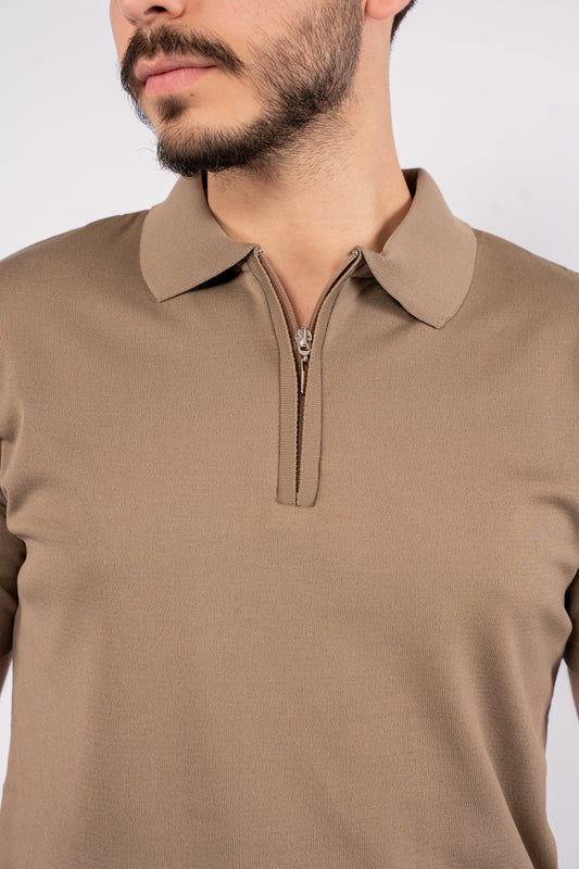 BEIGE MERCERIZED ZIPPER POLO