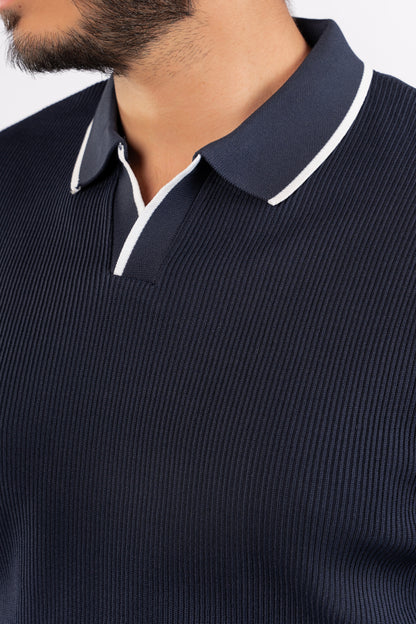 NAVY LINED POLO SWEATER