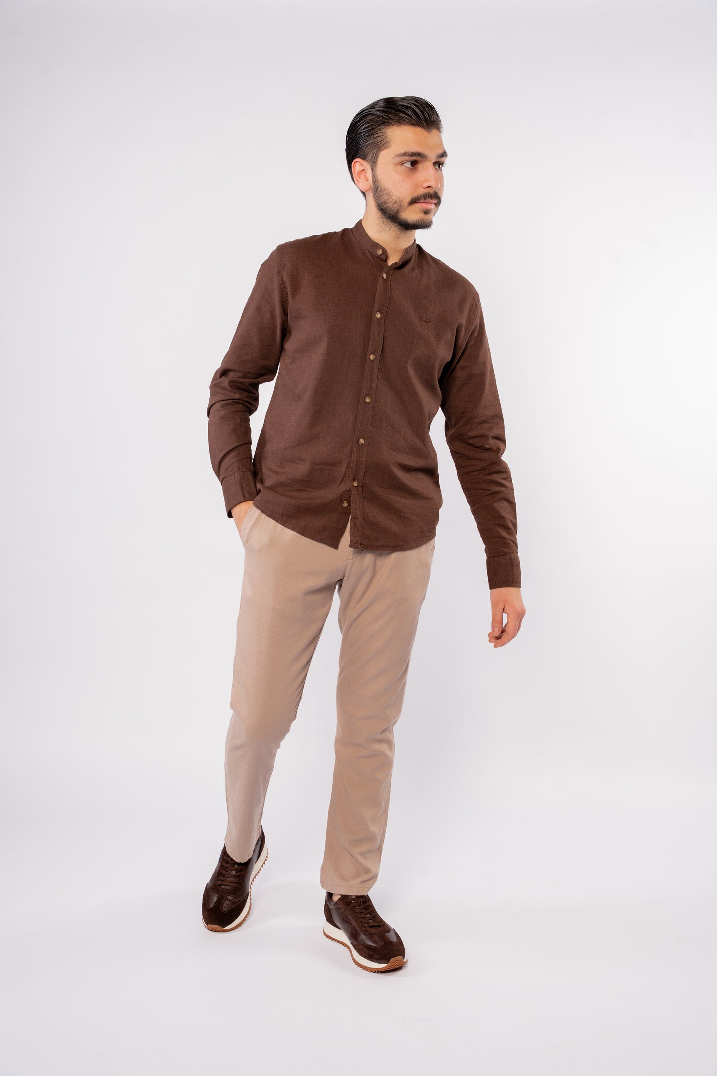 BROWN CHINESE LINEN SHIRT