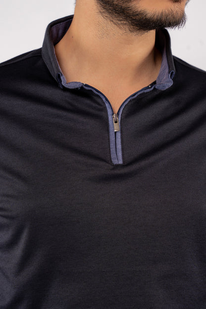 NAVY ZIPPER BUTTON COLLAR POLO