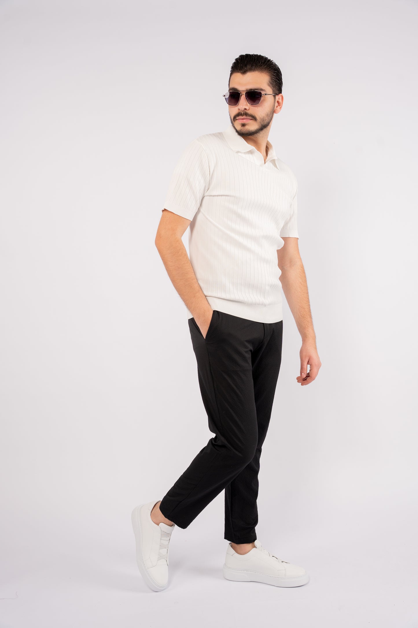 WHITE VNECK LINED POLO