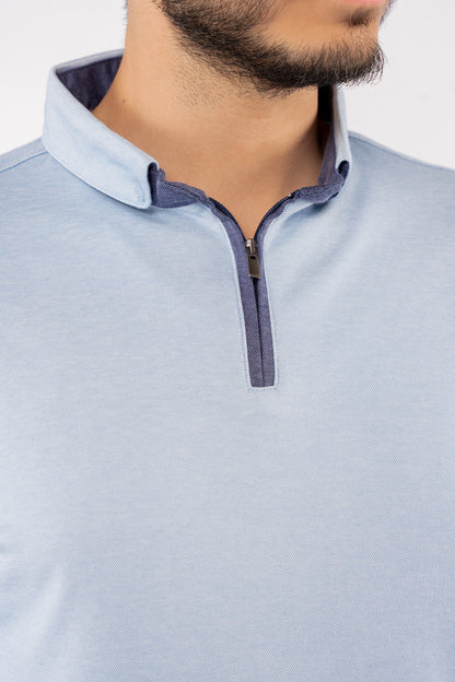 BLUE ZIPPER BUTTON COLLAR POLO