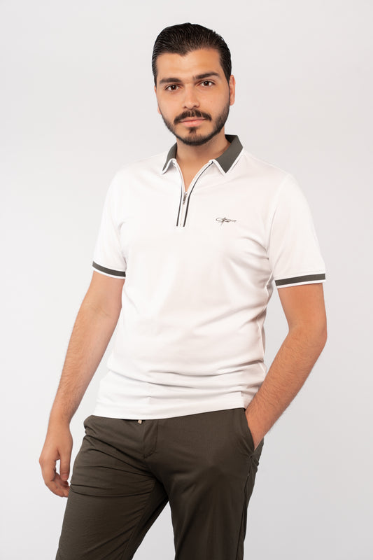 WHITE OLIVE COLLAR ZIPPER POLO
