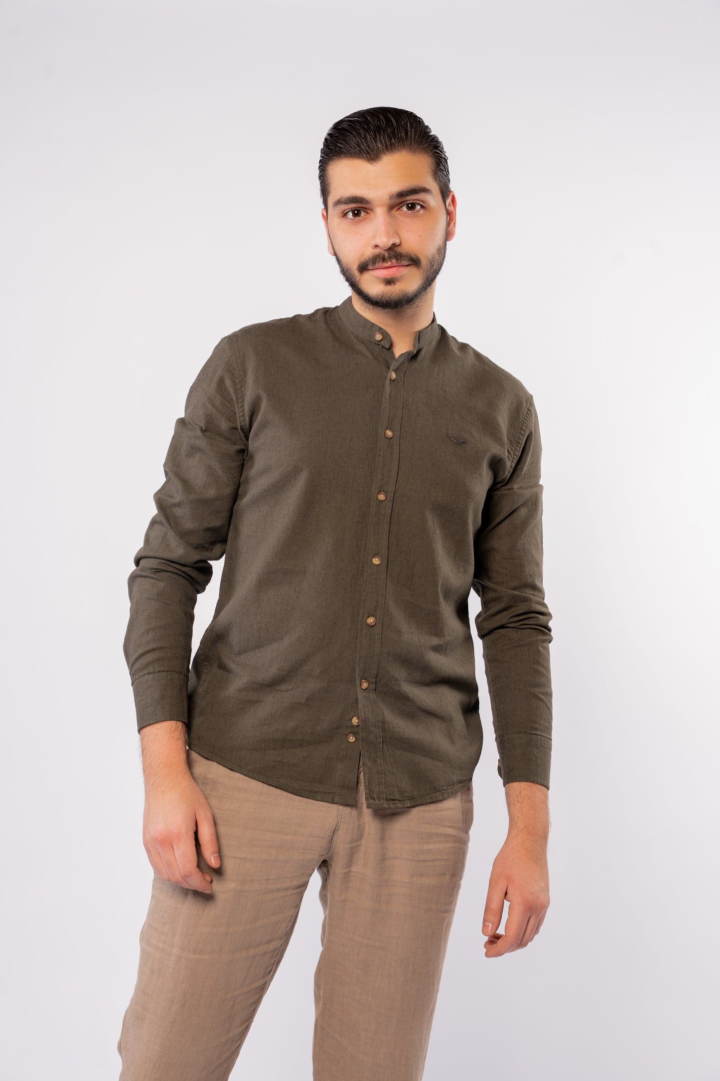 DARK OLIVE CHINESE LINEN SHIRT