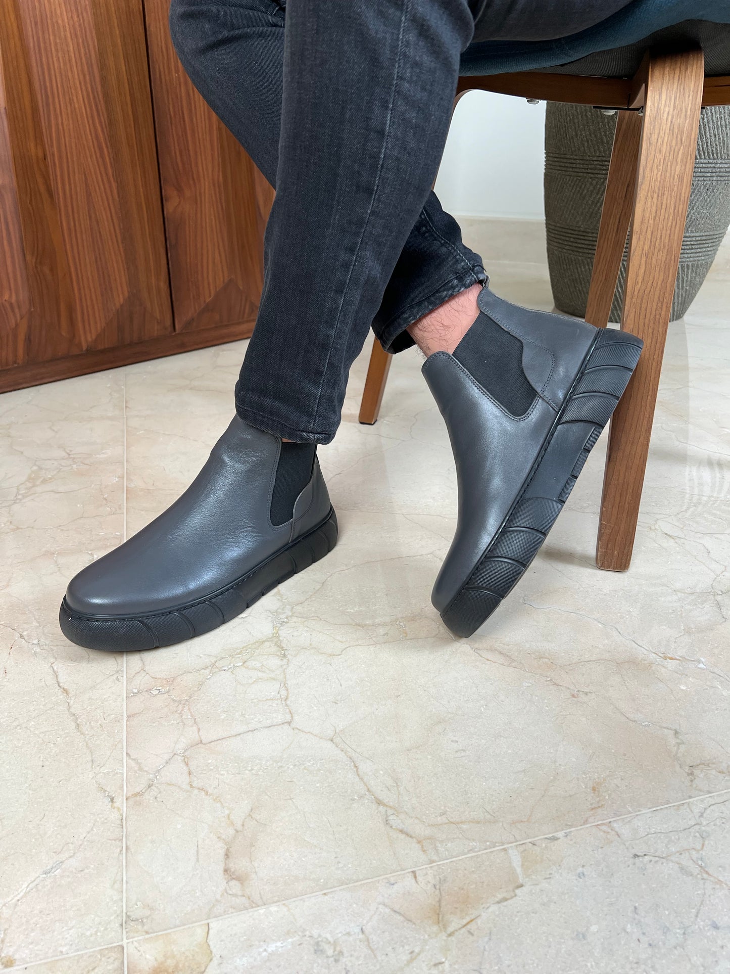 Grey Chelsea Leather Boots