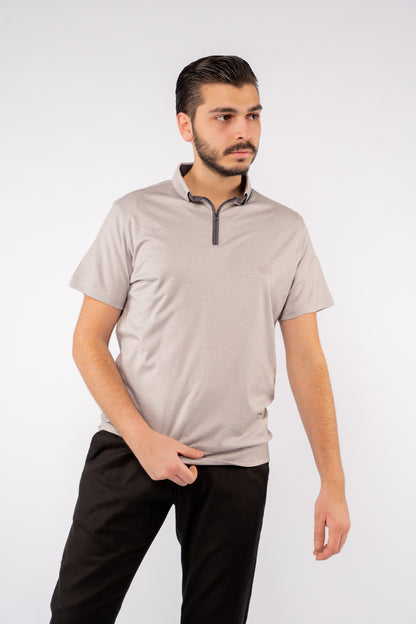 GREY ZIPPER BUTTON COLLAR POLO